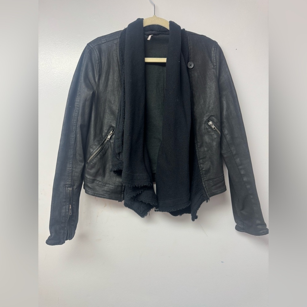 Free People Black Moto Jacket Women’s 4 Draped Knit Collar Faux Leather Biker I - Picture 8 of 17